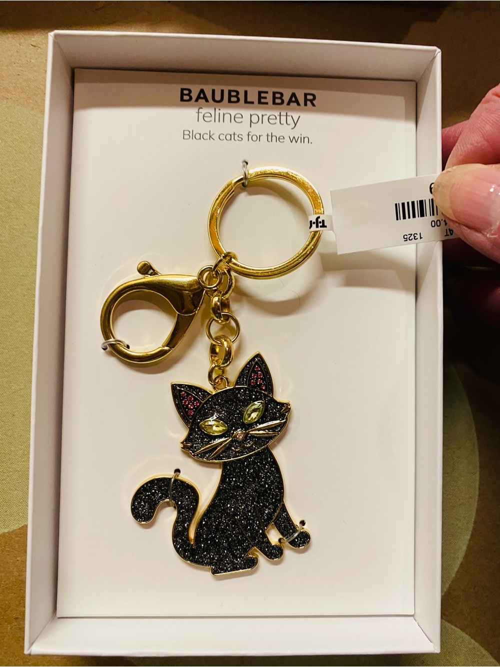 BAUBLEBAR Black & Gold Glitter  Black Cat Keyring. NWT  Halloween Holiday